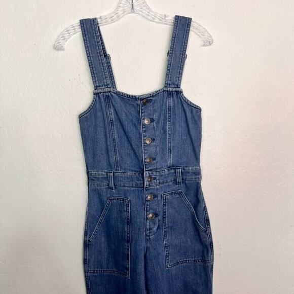 Aerie Overalls Womens XS Blue Button Front Kick Flare Denim Apron Bib - Picture 7 of 16